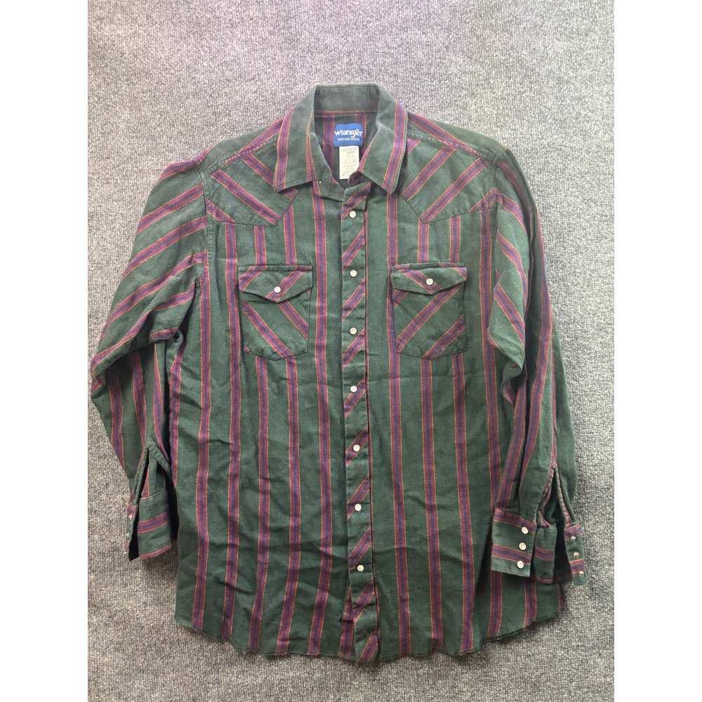 Vintage Wrangler Western Shirt Mens XLT Green Striped Pearl Snap Long Sleeve